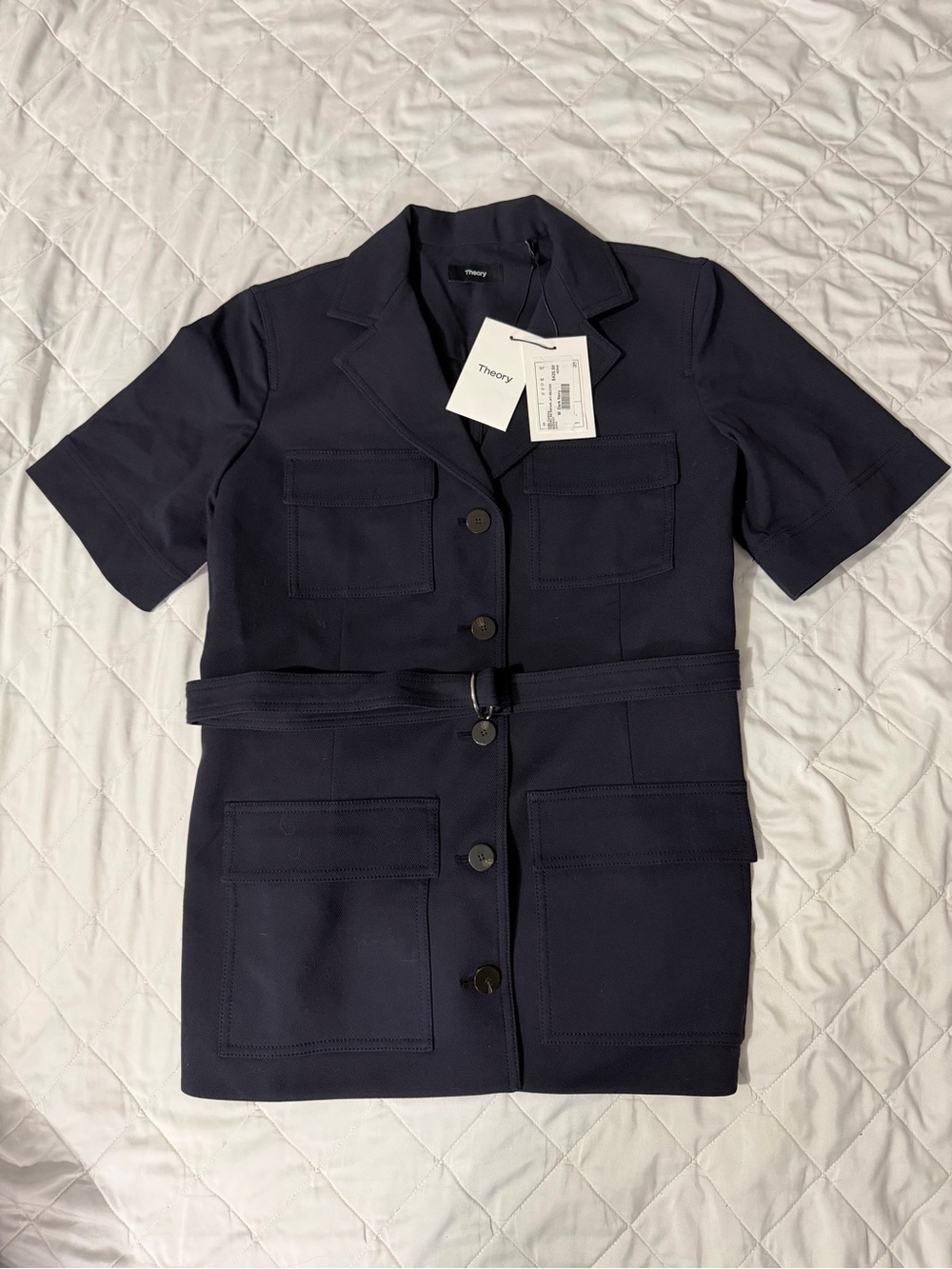 Theory Navy Short-Sleeve Belted Blazer